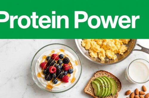 Greek yogurt, eggs, avocado toast, soy milk, and almonds on a marble counter.