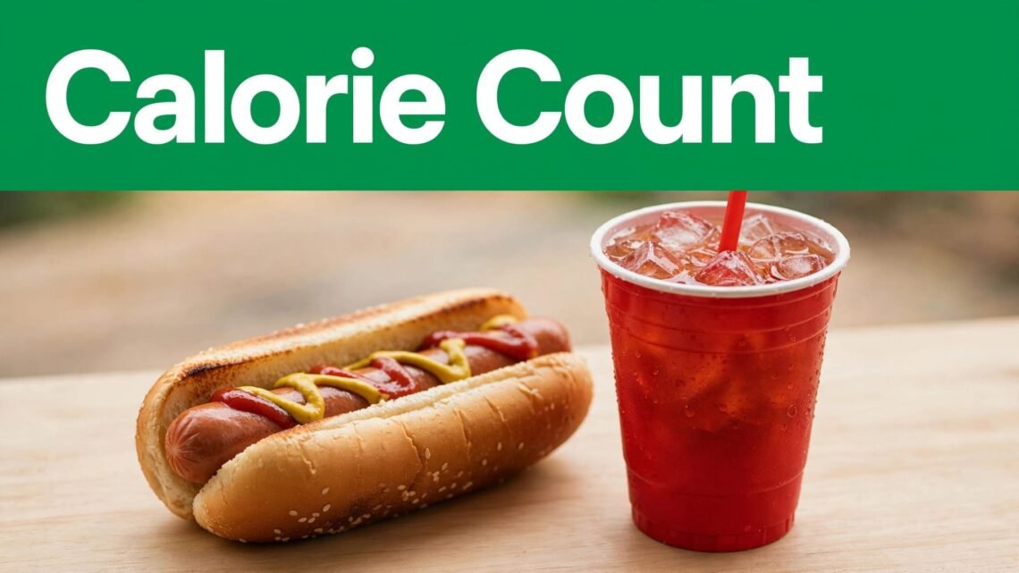A hot dog and red soda cup sit on a wooden surface below a green headline.
