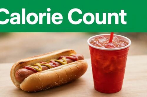 A hot dog and red soda cup sit on a wooden surface below a green headline.