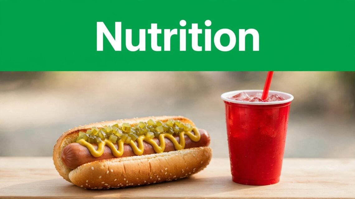 A loaded hot dog beside a red soda cup under a green Nutrition banner.