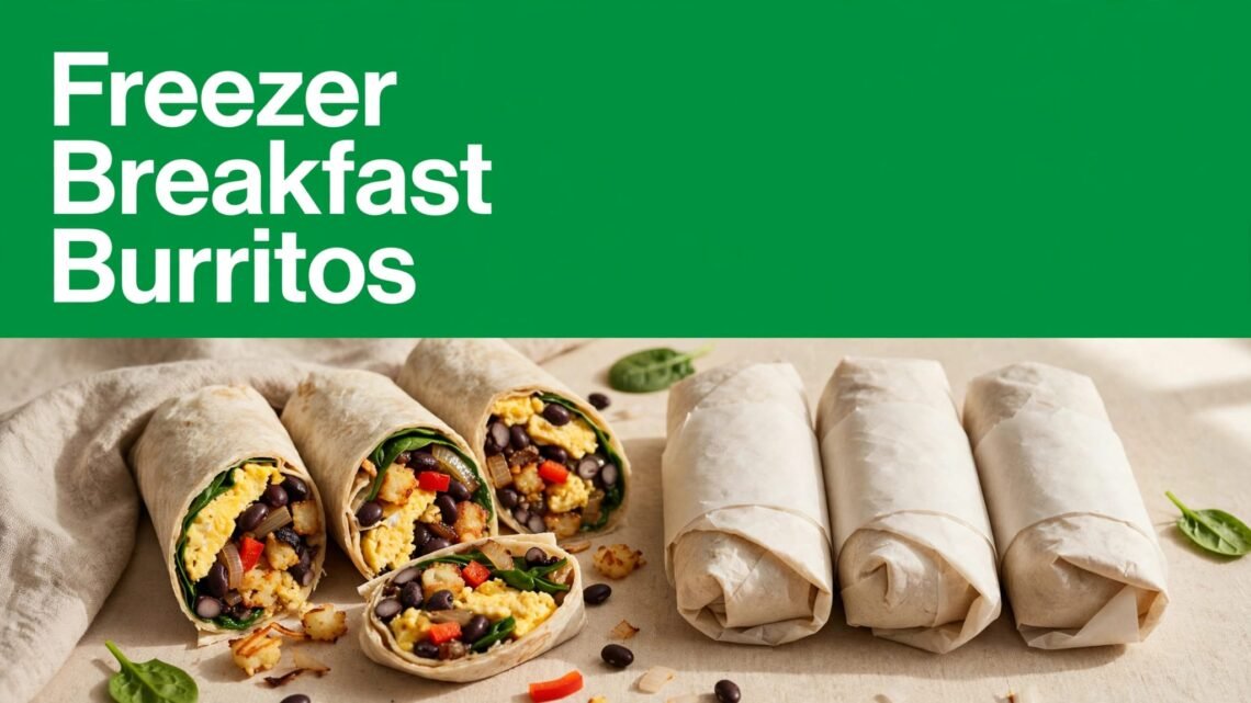 Sliced breakfast burritos and wrapped portions sit on a countertop beneath a green banner.