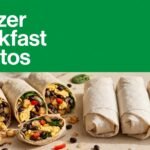 Sliced breakfast burritos and wrapped portions sit on a countertop beneath a green banner.
