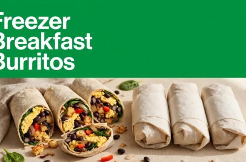 Sliced breakfast burritos and wrapped portions sit on a countertop beneath a green banner.
