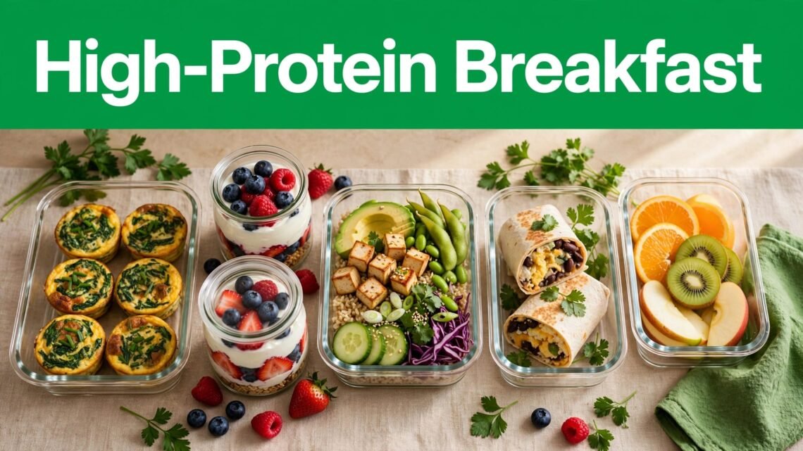 Meal-prep containers filled with egg muffins, yogurt, grain bowls, burritos, and fruit.