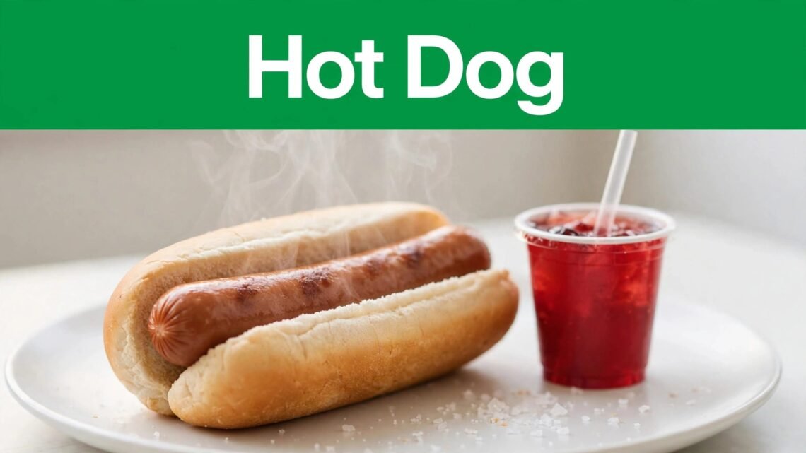 A hot dog on a white plate beside a red soda cup.