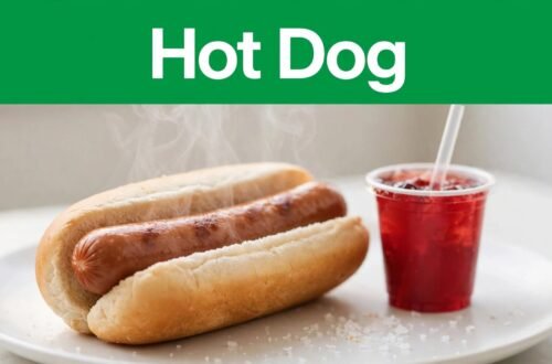 A hot dog on a white plate beside a red soda cup.