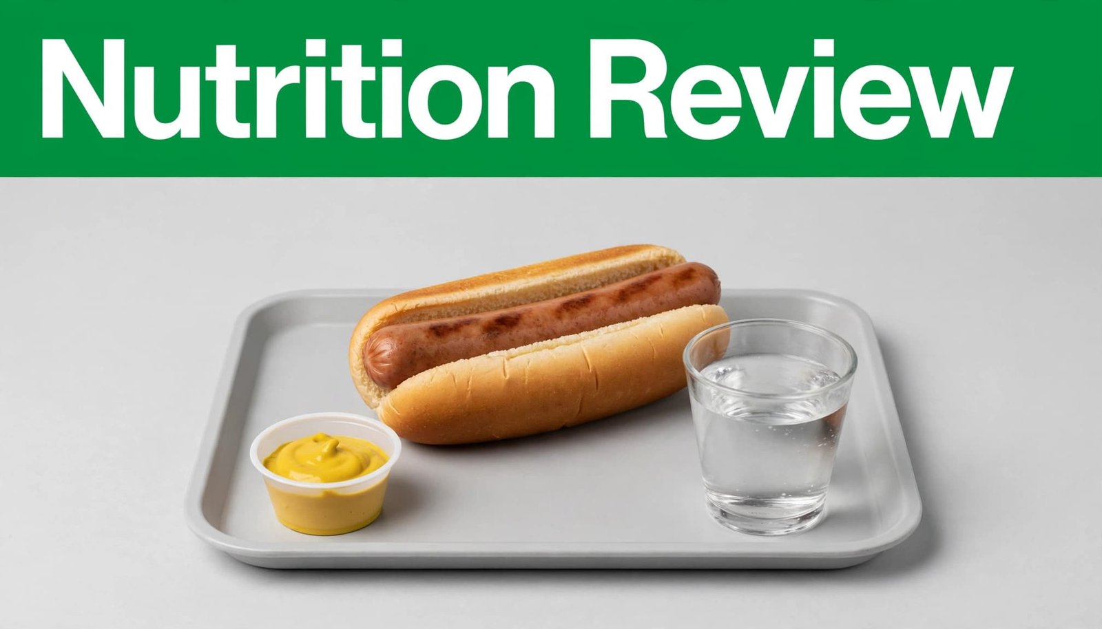 A hot dog on a tray with mustard and water beneath a green Nutrition Review band.