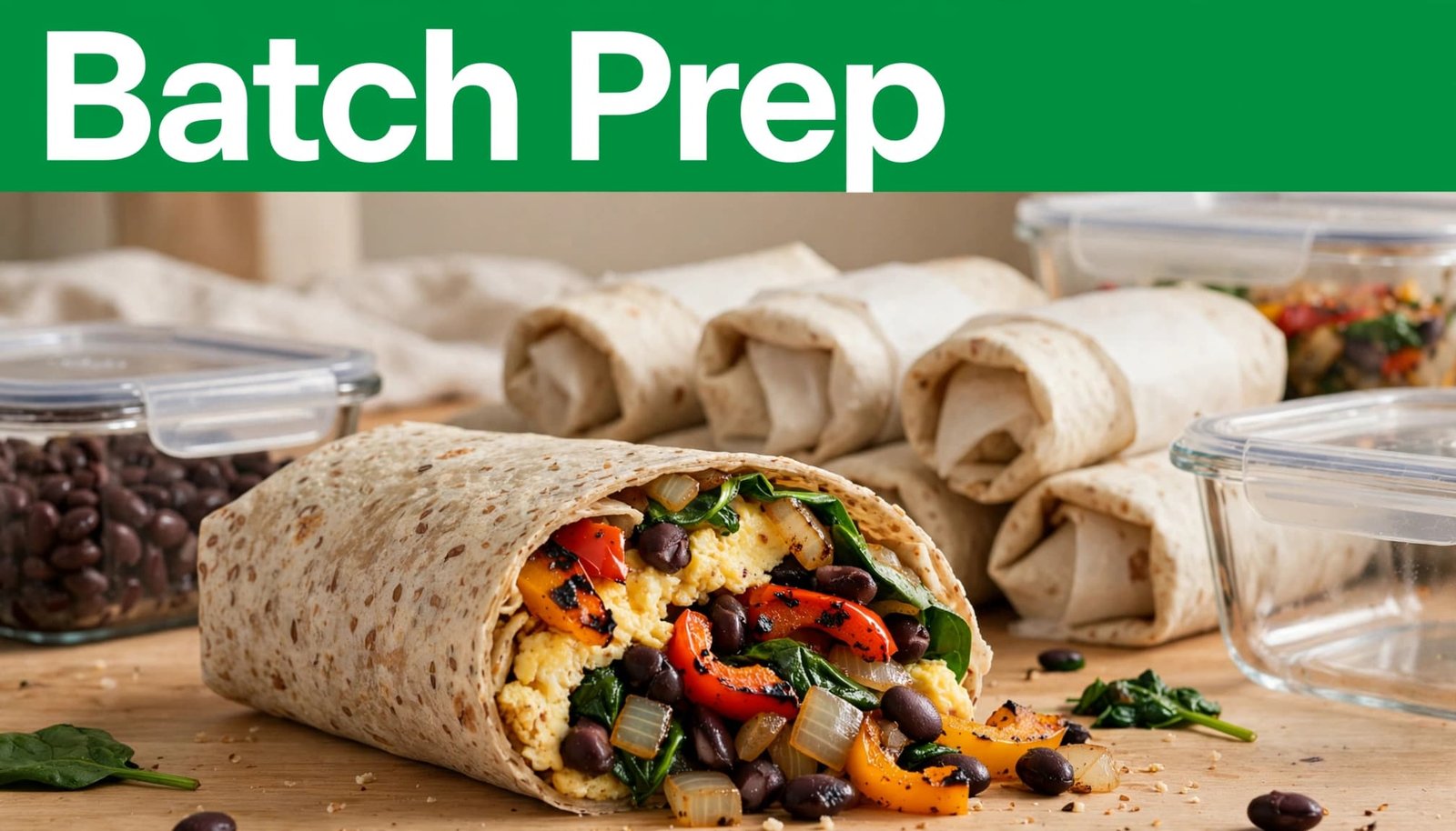 A sliced breakfast burrito beside several wrapped burritos on a bright kitchen counter.