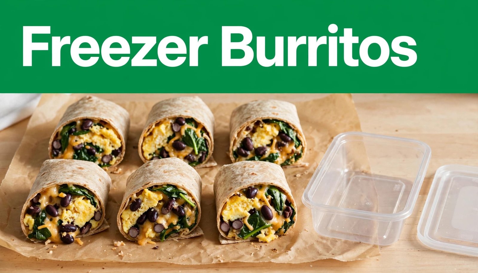 Six burritos with eggs, beans, spinach, and cheese on a kitchen counter.