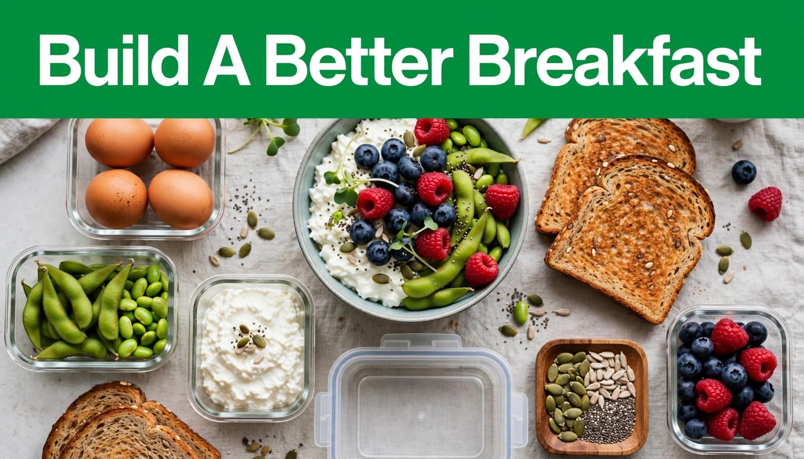A protein-rich breakfast bowl with toast, berries, eggs, and neatly portioned ingredients.