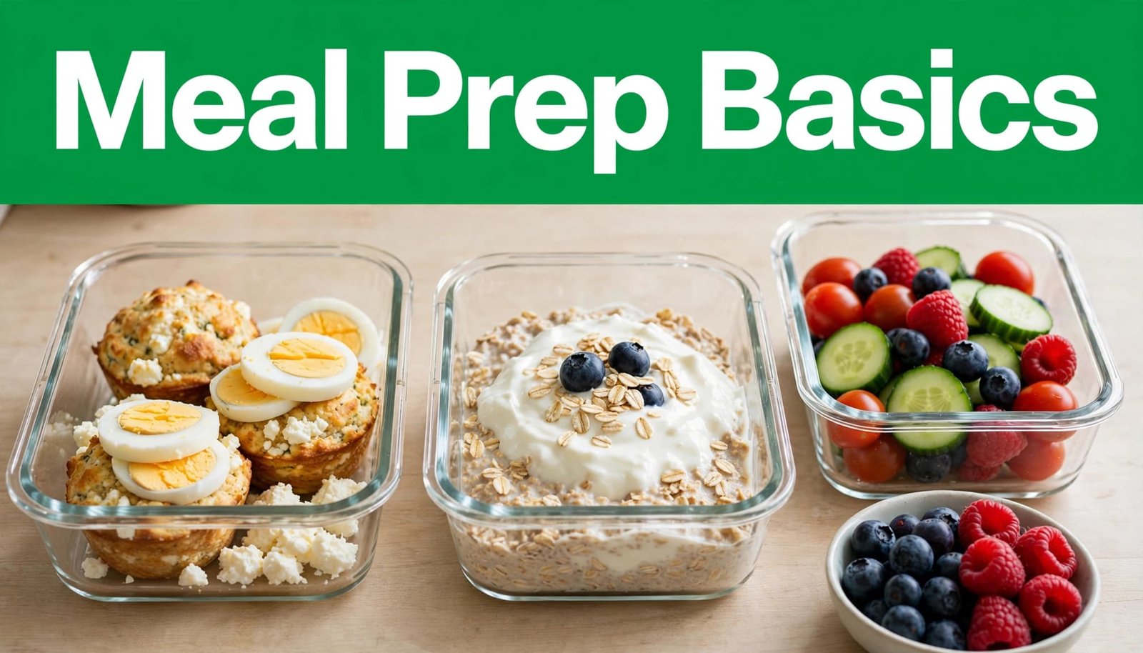 Three meal-prep containers and a bowl hold eggs, oats, vegetables, berries, and muffins.