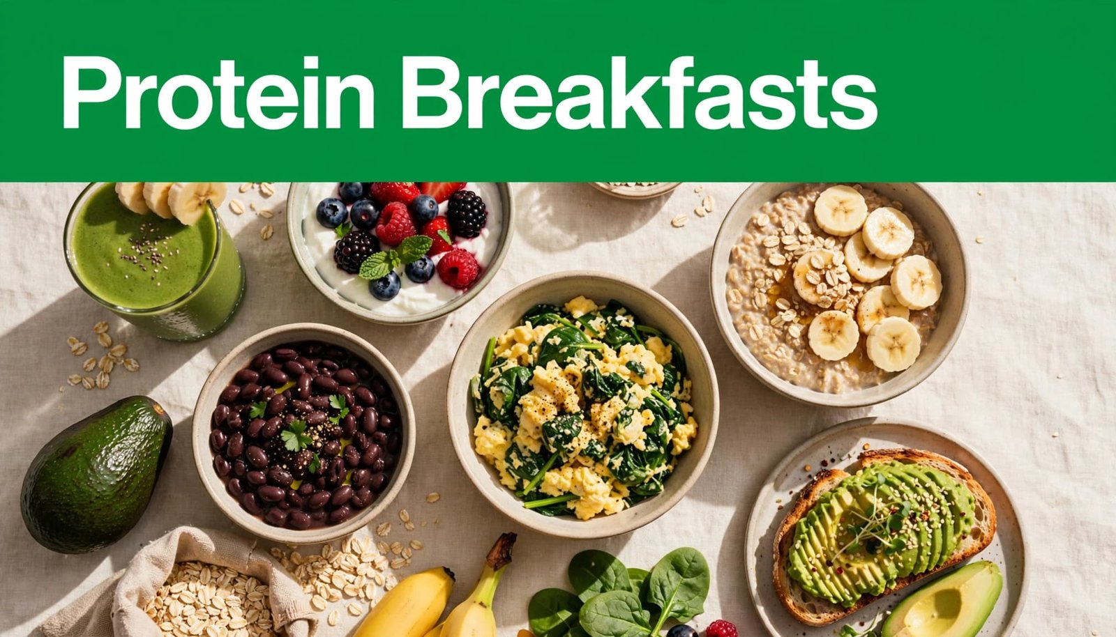Breakfast foods including yogurt, eggs, oatmeal, avocado toast, beans, and a smoothie on a kitchen table.