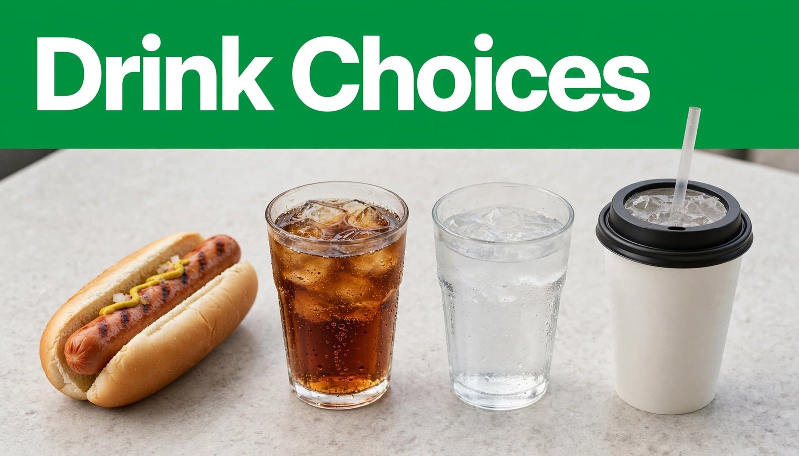 A hot dog beside soda, water, and a zero-sugar drink on a clean tabletop.