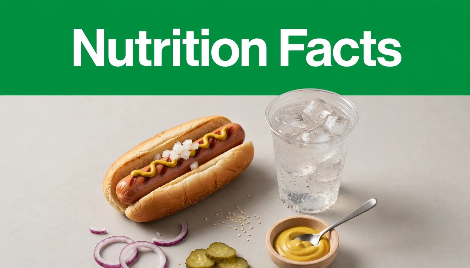 A hot dog in a bun beside a clear soda cup under a green nutrition header.