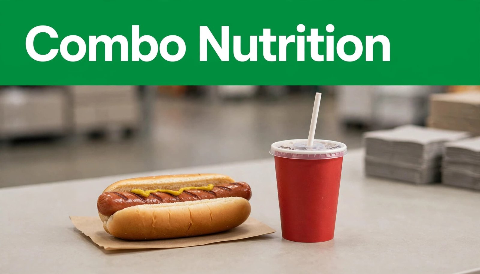 An all-beef hot dog and paper fountain drink sit together on a clean tabletop.