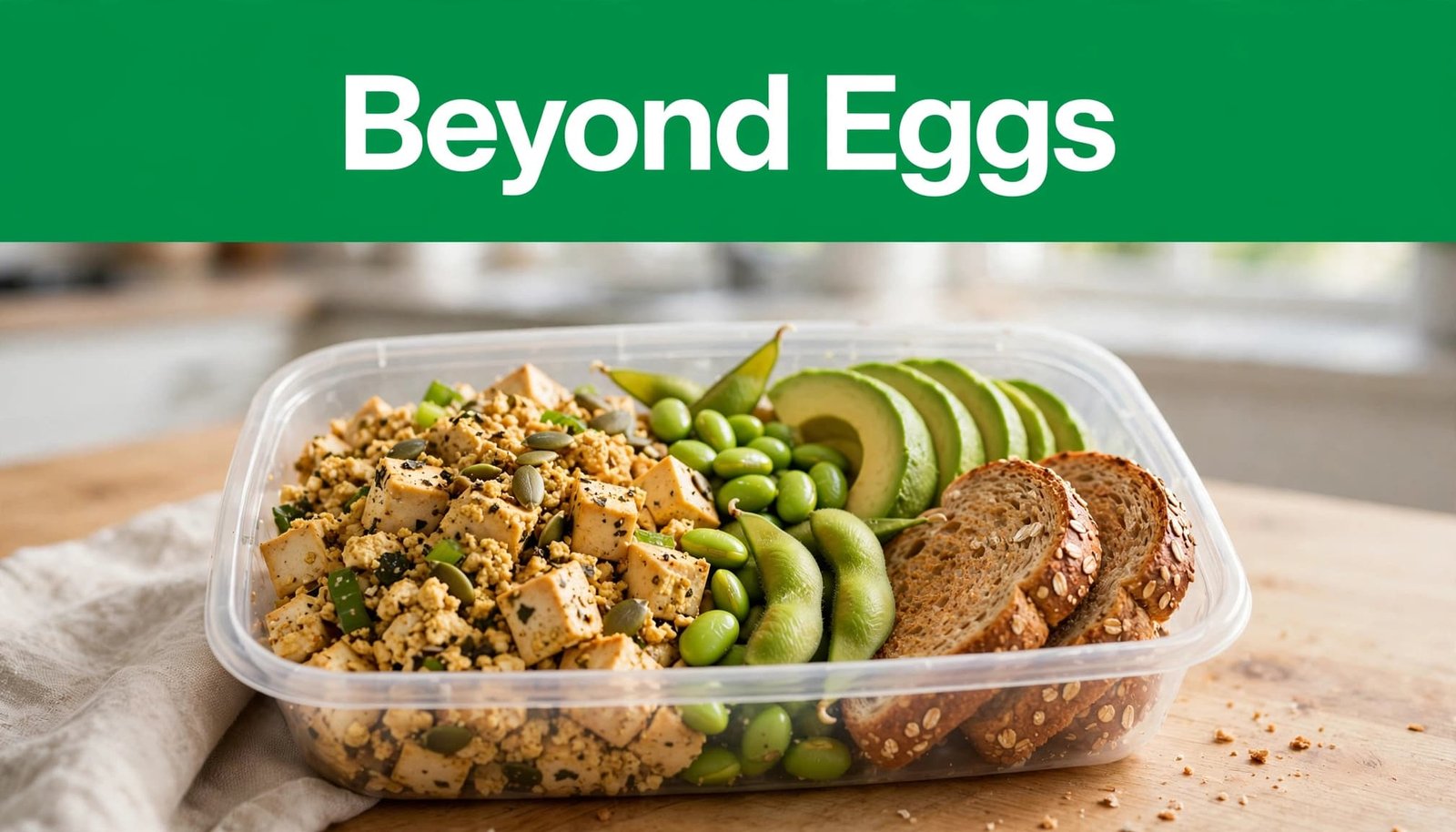 A balanced tofu scramble breakfast bowl with edamame, avocado, toast, and pumpkin seeds.
