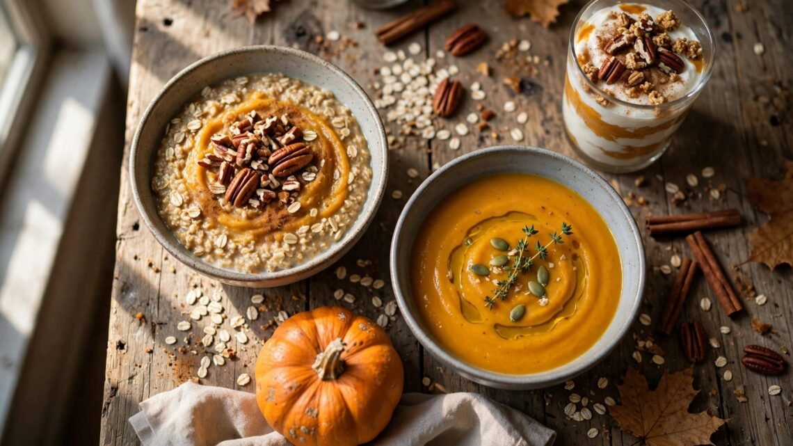 Pumpkin oatmeal, soup, and a yogurt parfait sit on a rustic wooden table.