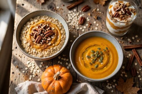 Pumpkin oatmeal, soup, and a yogurt parfait sit on a rustic wooden table.