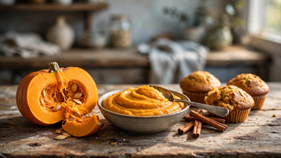 A sliced pumpkin, bowl of puree, cinnamon sticks, and muffins on a wooden counter.