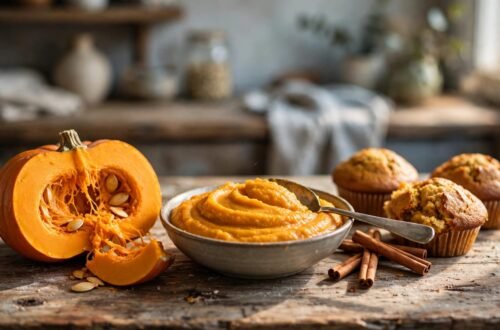 A sliced pumpkin, bowl of puree, cinnamon sticks, and muffins on a wooden counter.