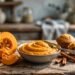 A sliced pumpkin, bowl of puree, cinnamon sticks, and muffins on a wooden counter.