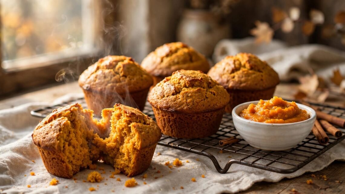 Pumpkin muffins on a cooling rack, with one split open beside pumpkin puree and cinnamon sticks.