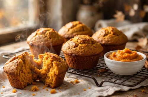 Pumpkin muffins on a cooling rack, with one split open beside pumpkin puree and cinnamon sticks.