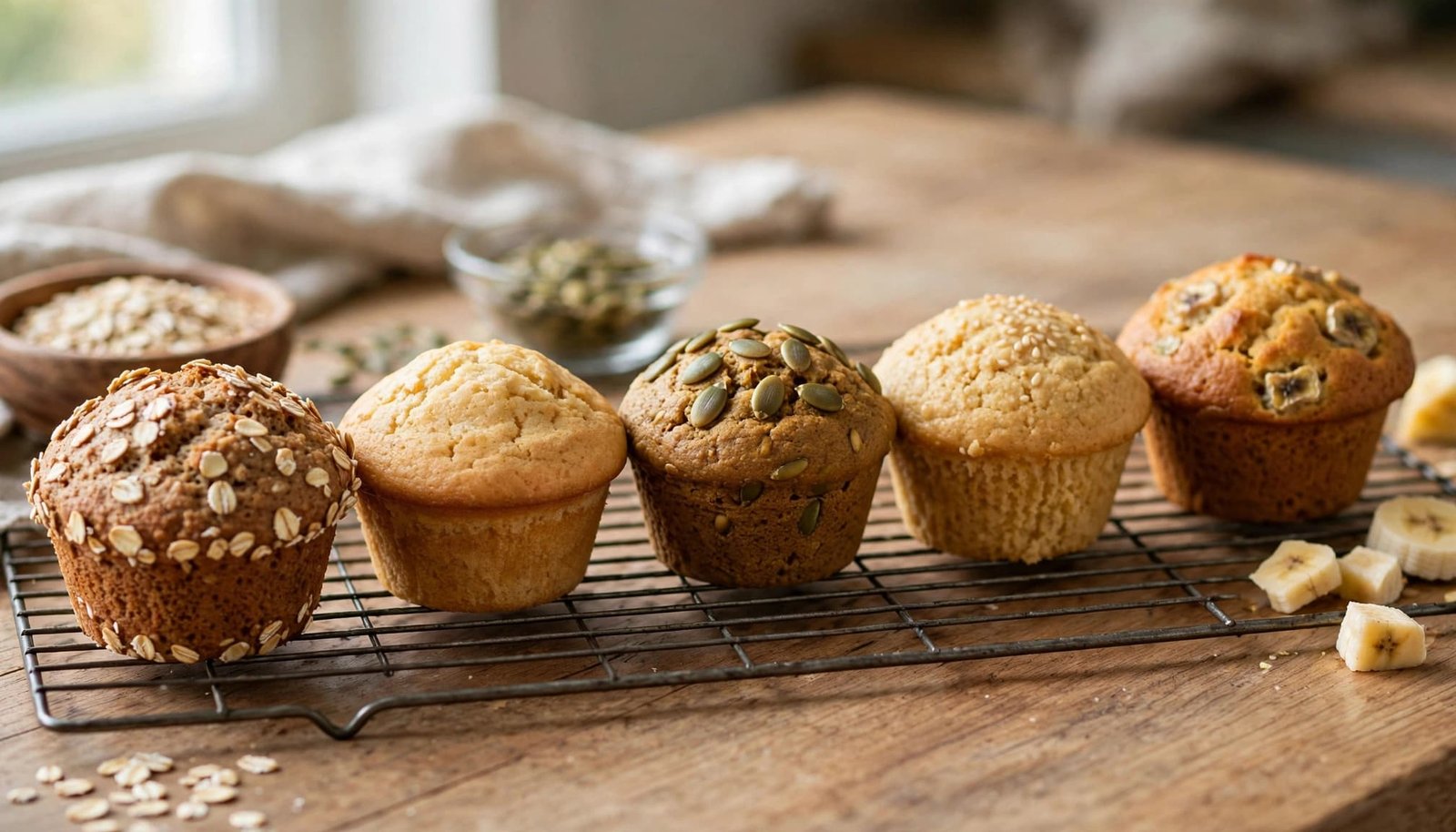 Five pumpkin muffins with varied textures sit beside a cooling rack and banana pieces.