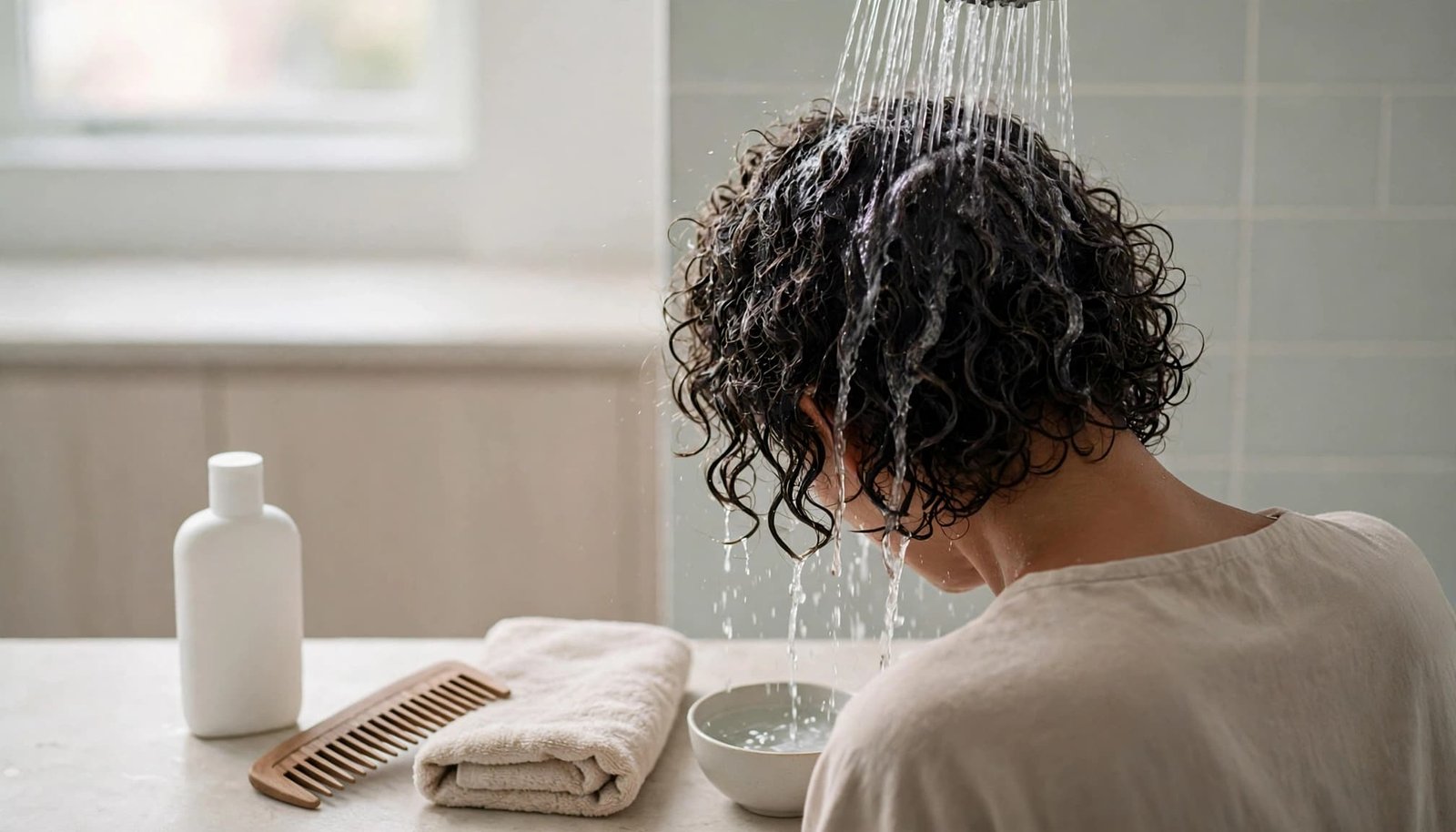 A person rinses short curly hair while scalp-care items rest on a bathroom counter.