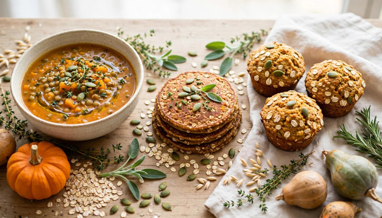 Pumpkin lentil soup, whole-grain pancakes, and oat muffins arranged with fresh pumpkin and seeds.