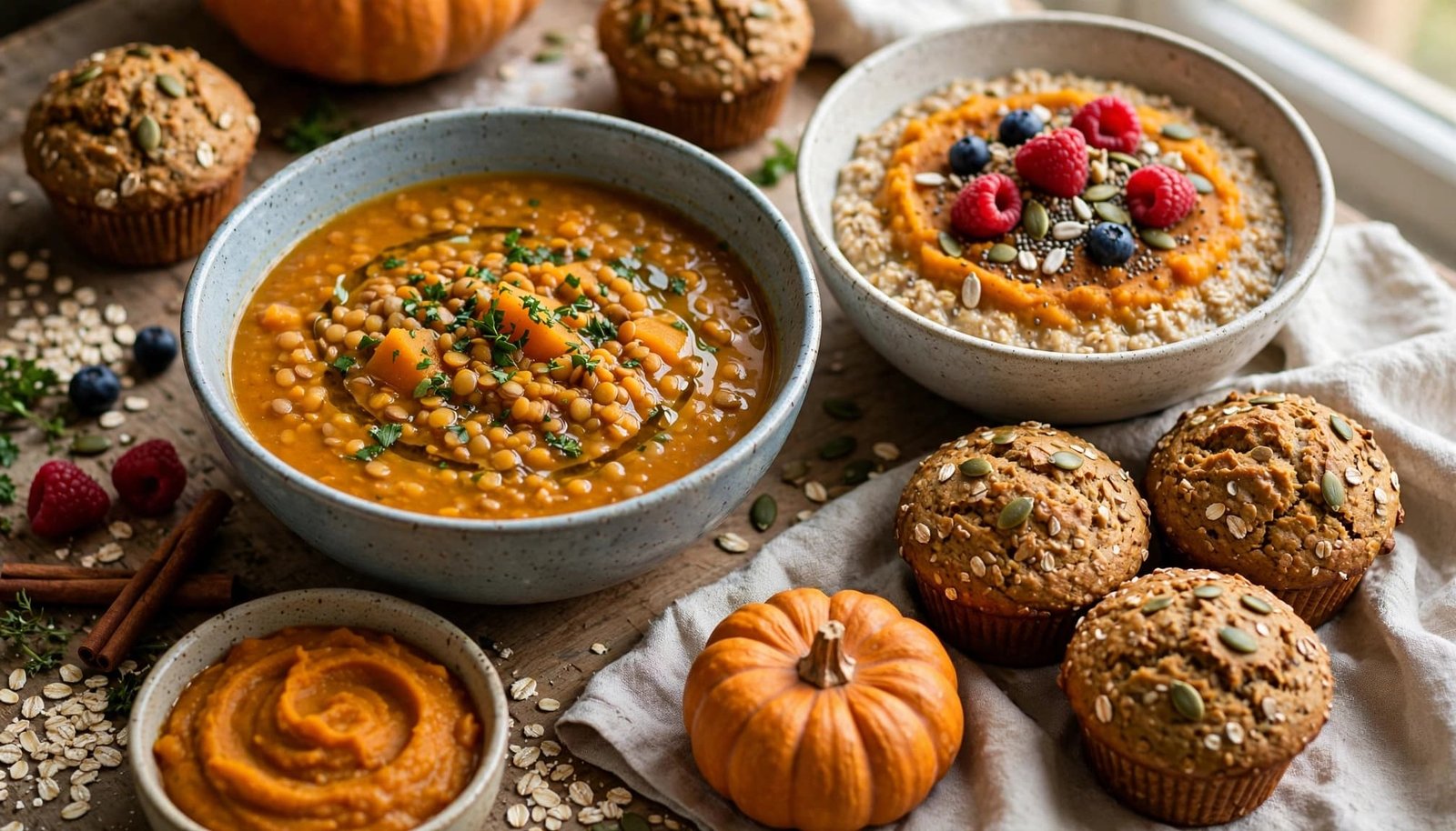 Pumpkin lentil soup, berry-topped oatmeal, muffins, a whole pumpkin, and puree on a kitchen table.
