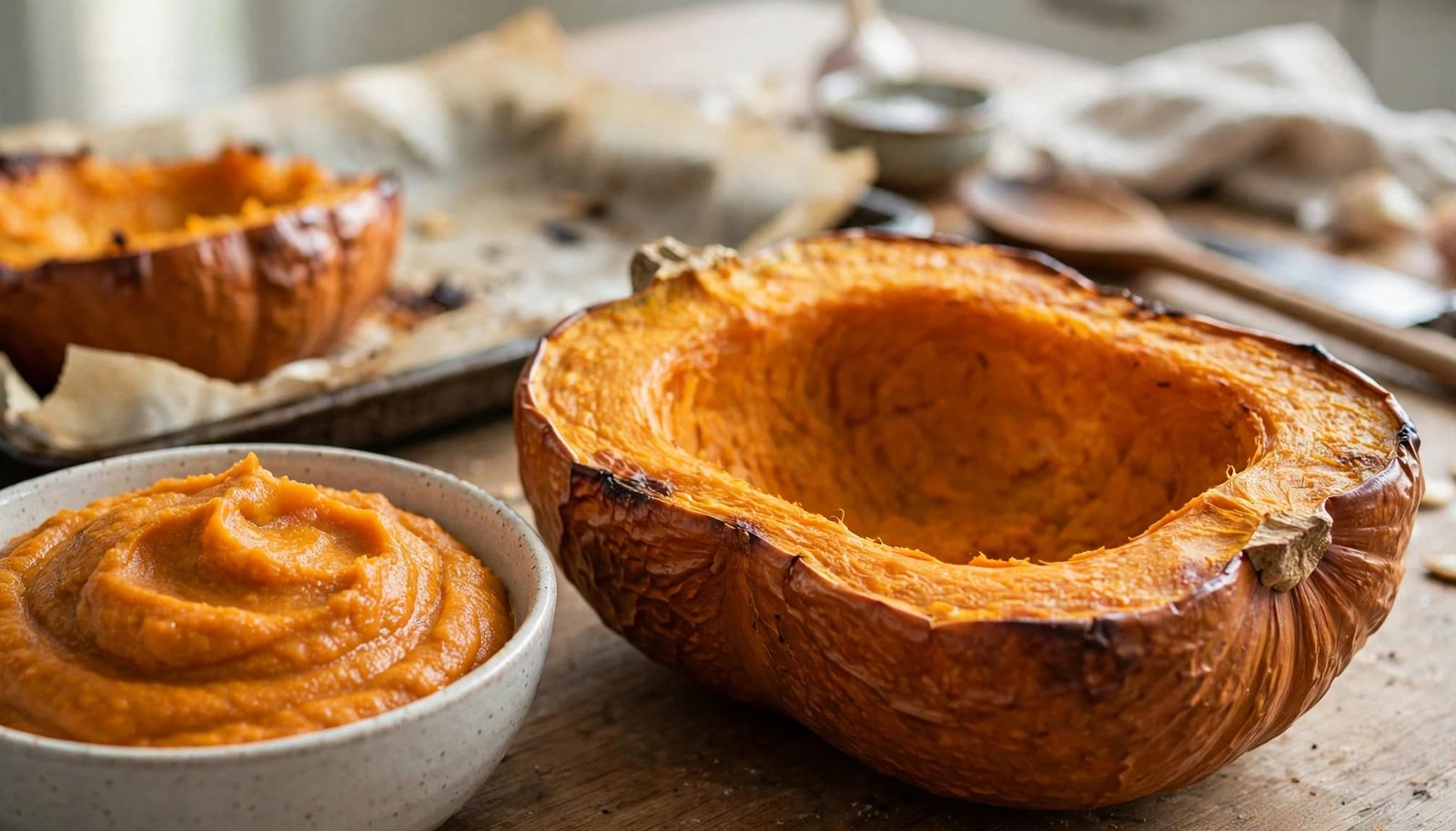 A roasted pumpkin half and a bowl of smooth pumpkin puree on a kitchen counter.
