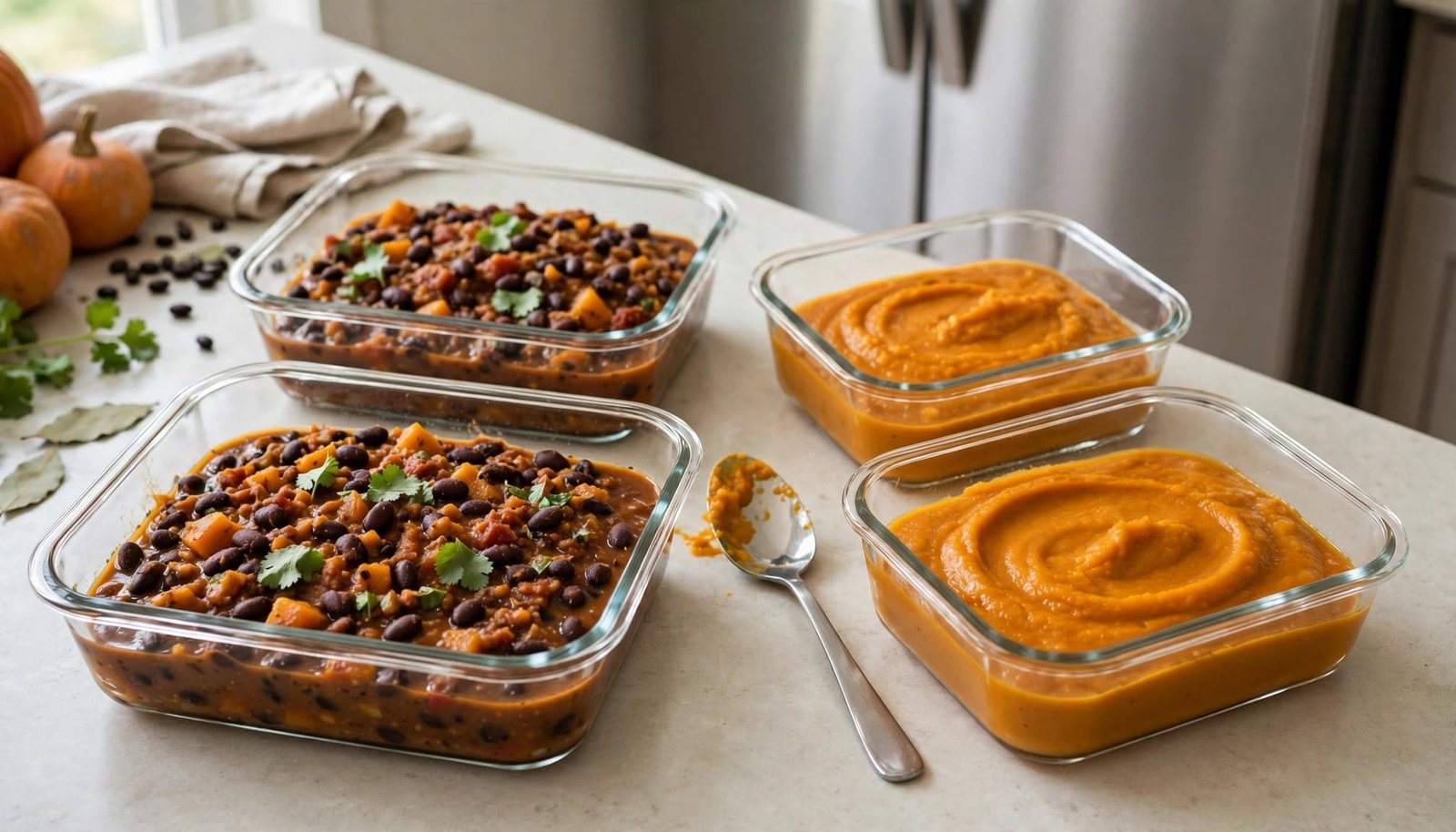 Containers of pumpkin black bean chili and pumpkin puree sit on a kitchen counter.