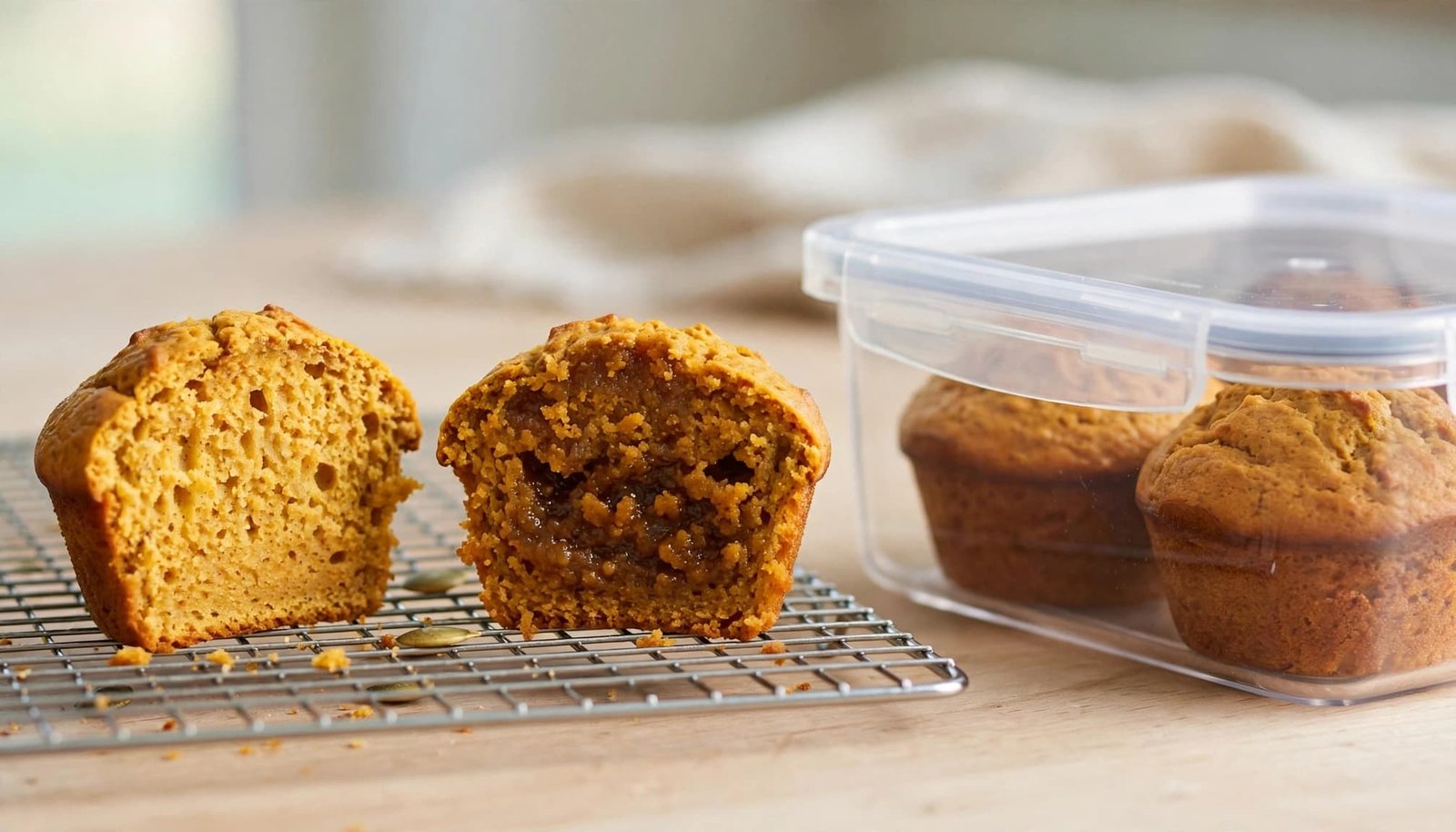 Two pumpkin muffins show different centers beside cooled muffins in a clear container.