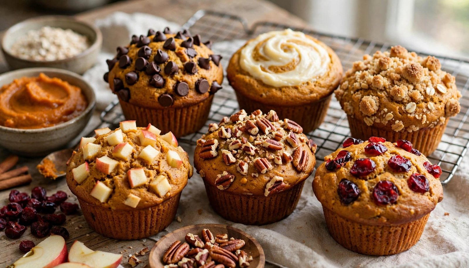 Six pumpkin muffins display different toppings beside pumpkin puree and baking ingredients.
