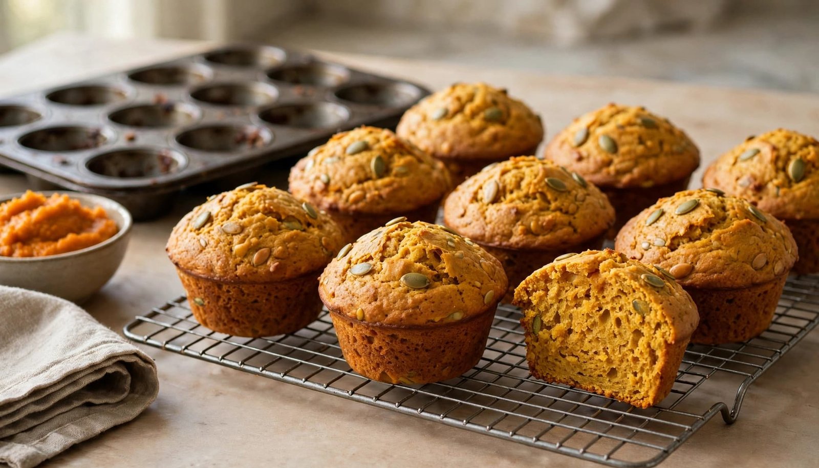 Eight pumpkin muffins cool on a rack, with one cut open and a bowl of puree nearby.