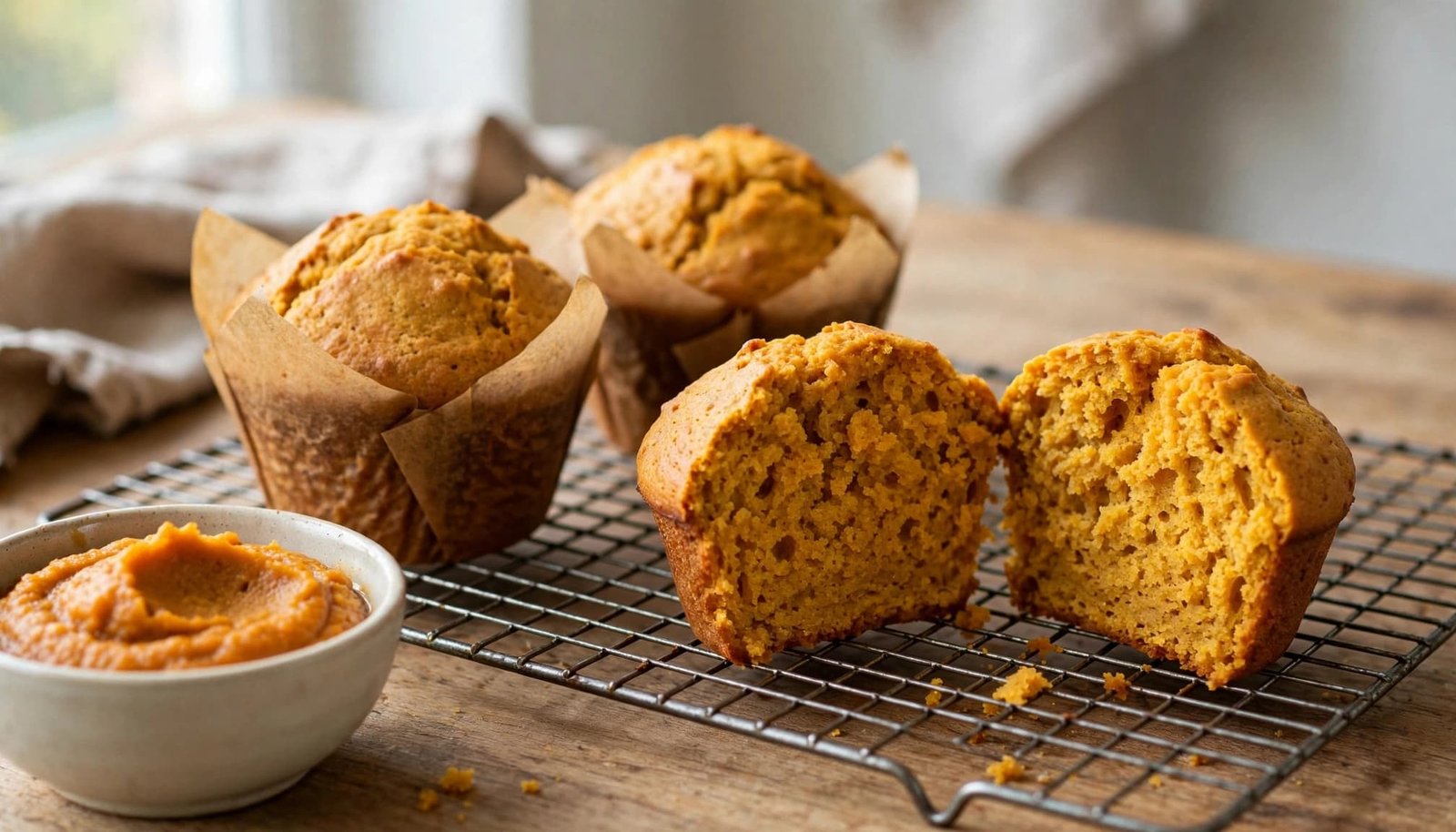 Pumpkin muffins cool on a rack beside one split open to show its tender center.