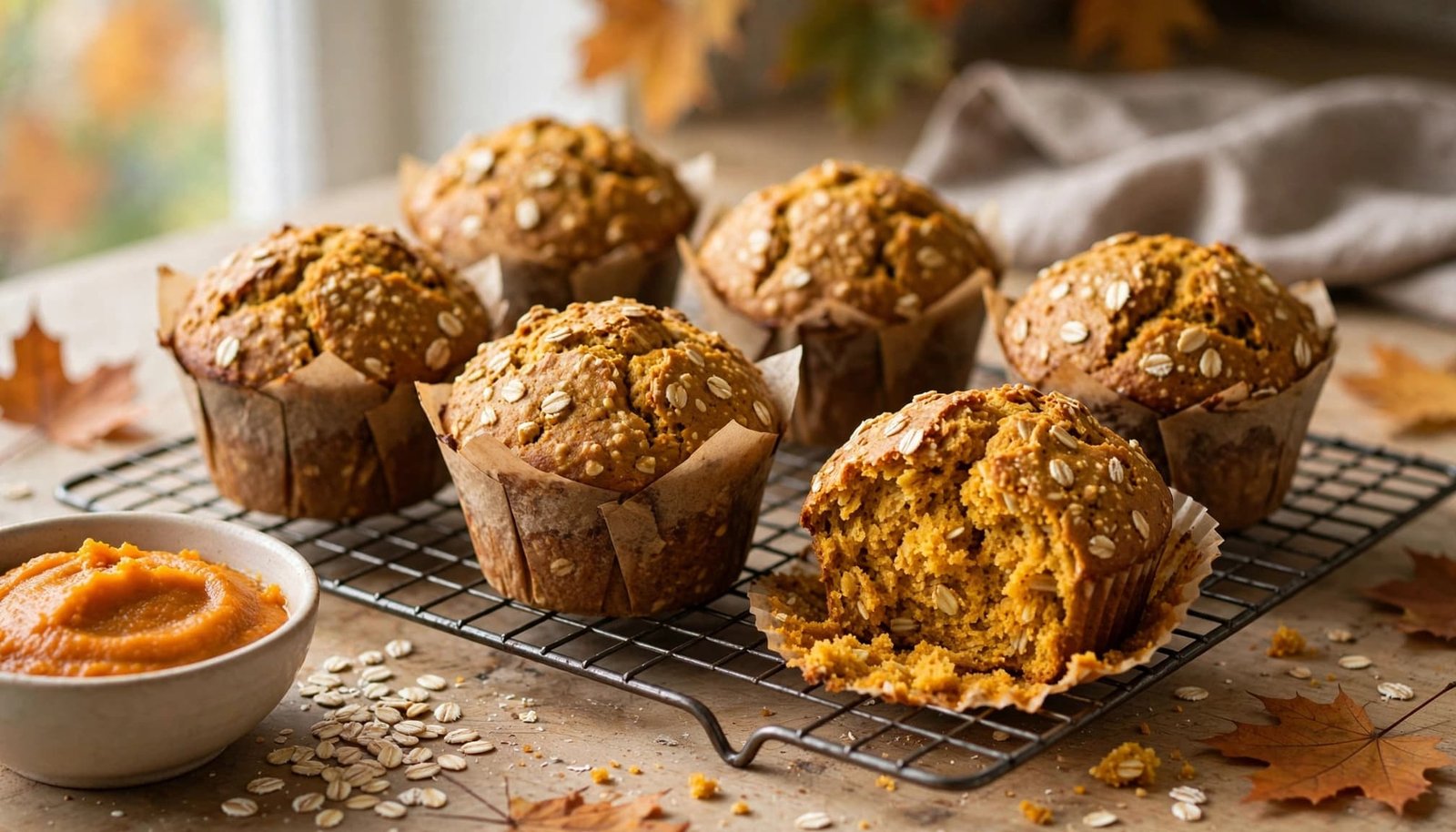 Pumpkin oat muffins on a rack, with one split open beside puree and oats.