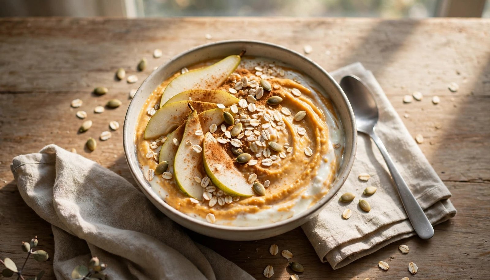 Pumpkin yogurt topped with pear, seeds, oats, and cinnamon on a bright table.