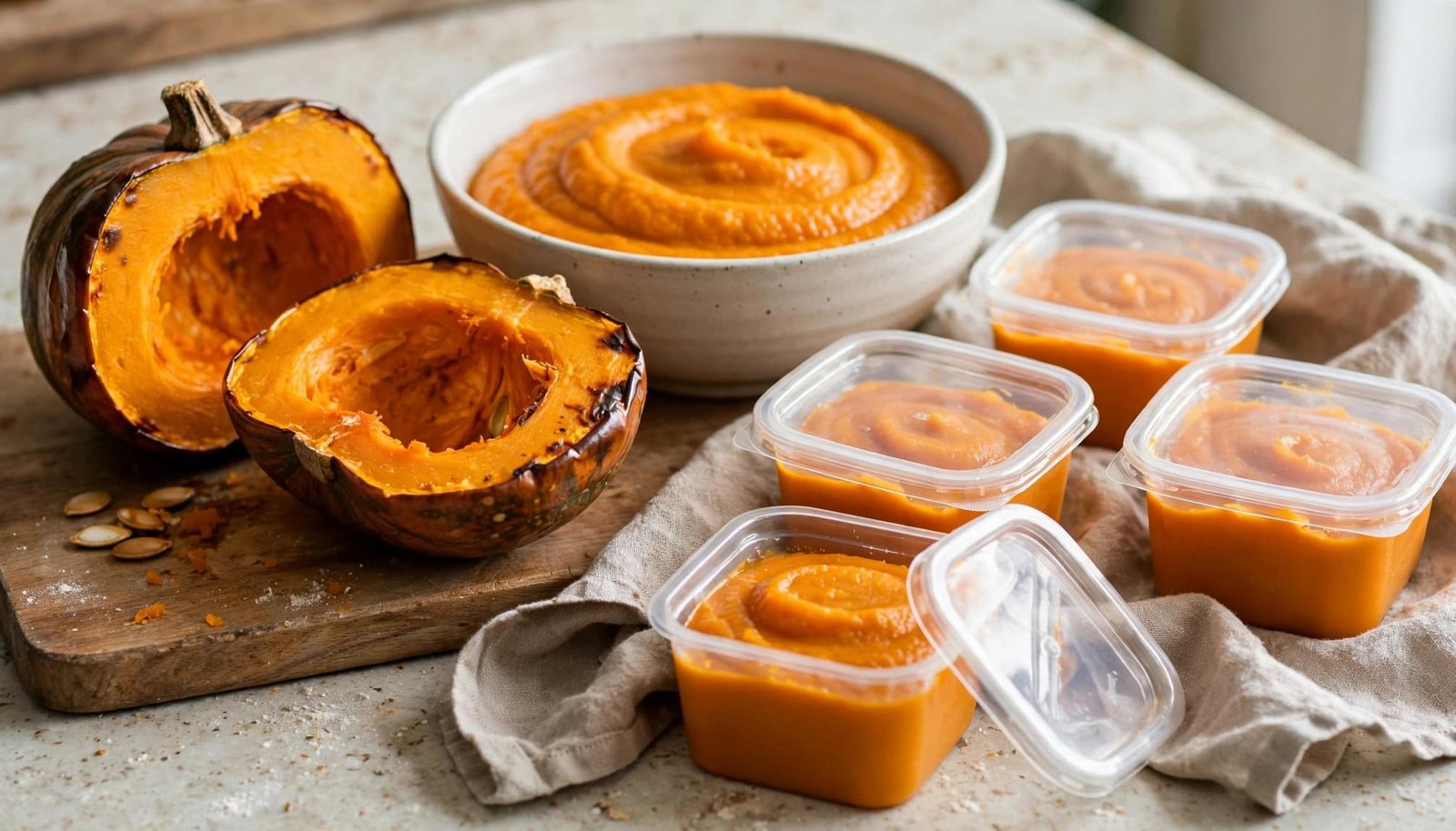 Roasted pumpkin halves, a bowl of puree, and small clear containers sit on a kitchen counter.