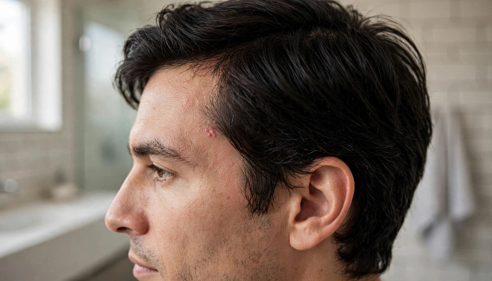 A side view of an adult with dark hair and mild redness near the hairline.